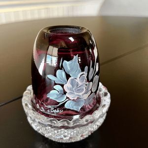 Vintage Fairy Lamp Light Mosser Ruby Red Floral Hand Painted Candle Holder